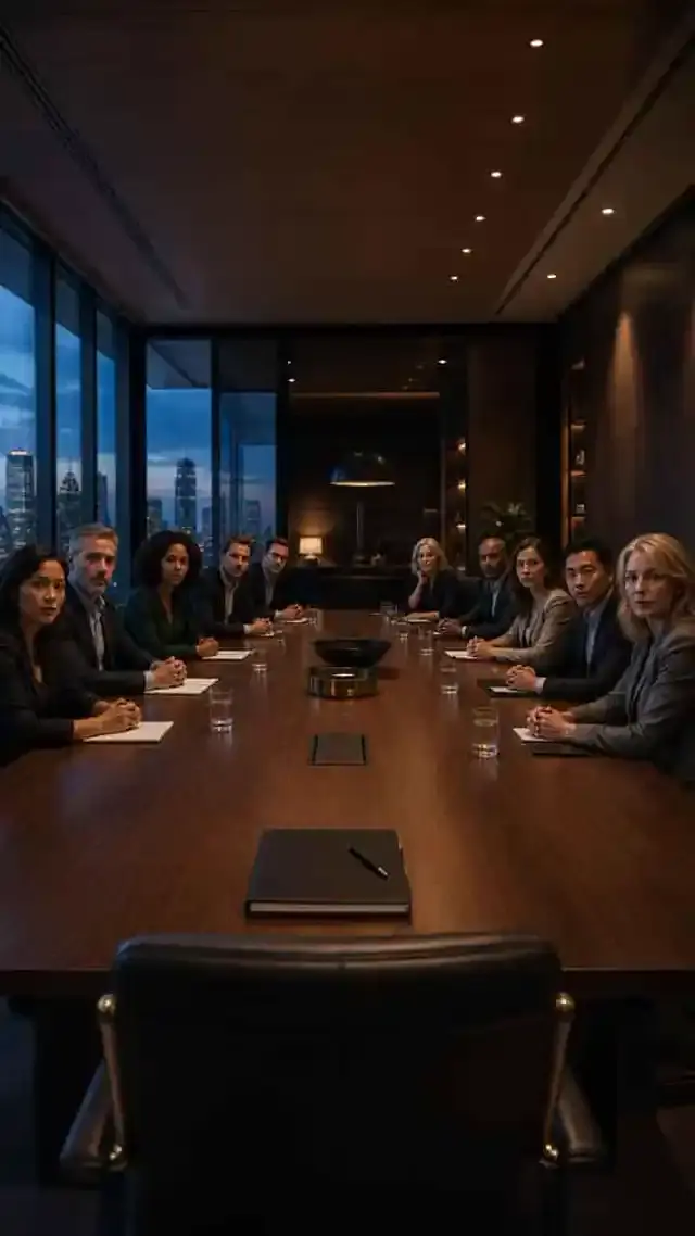 A Board of 10 gathered around a walnut table, viewed from the CEO chair